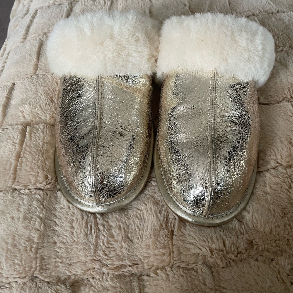 UGG Metallic Gold Shearling Cuff Slip-Ons